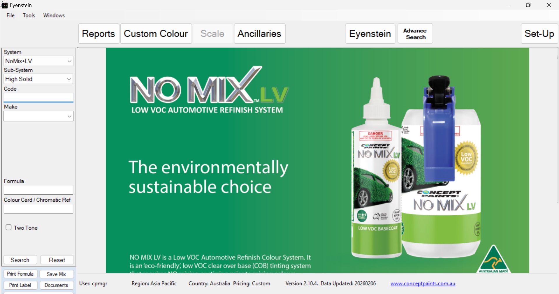 The Eyenstein colour-search software, showing the No Mix LV system, sub-system and search fields
